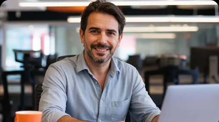 Homem sorrindo em um escritório.